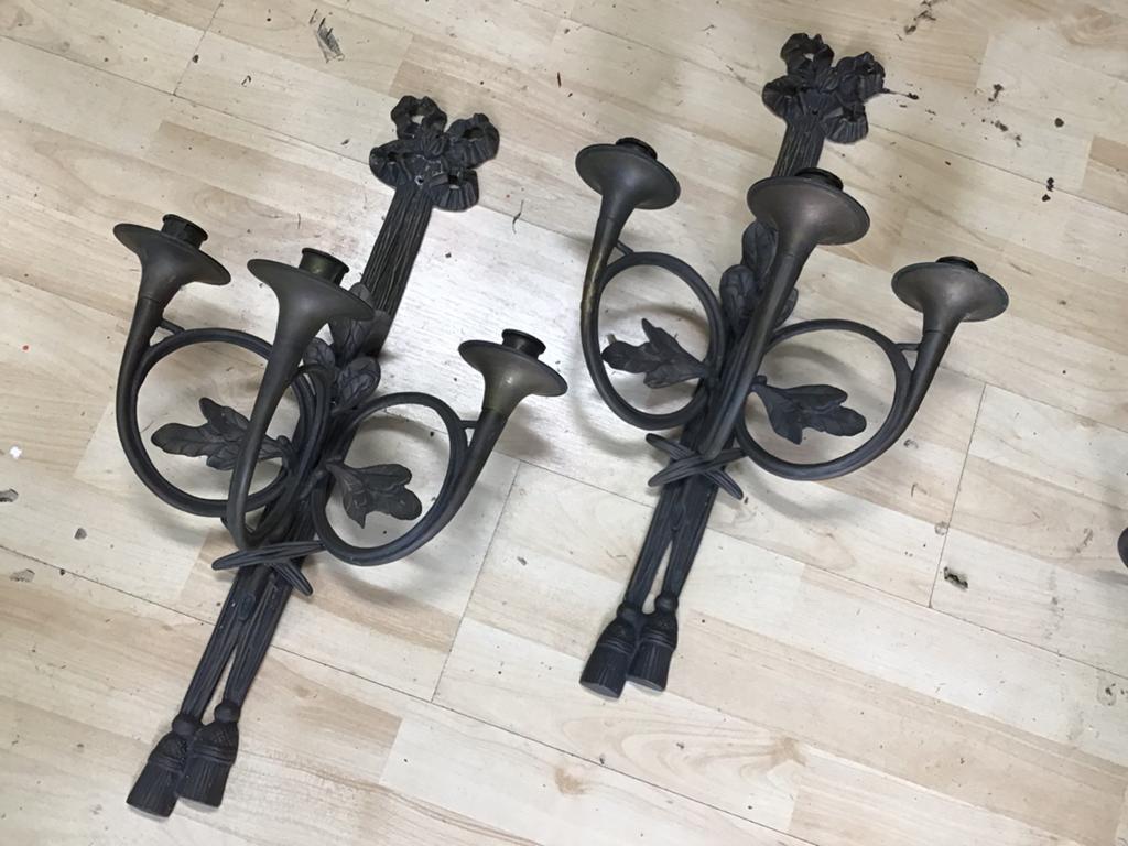 Set 2st bronzen messing kandelaars hoogte 60cm, Ophalen of Verzenden, Koper of Brons