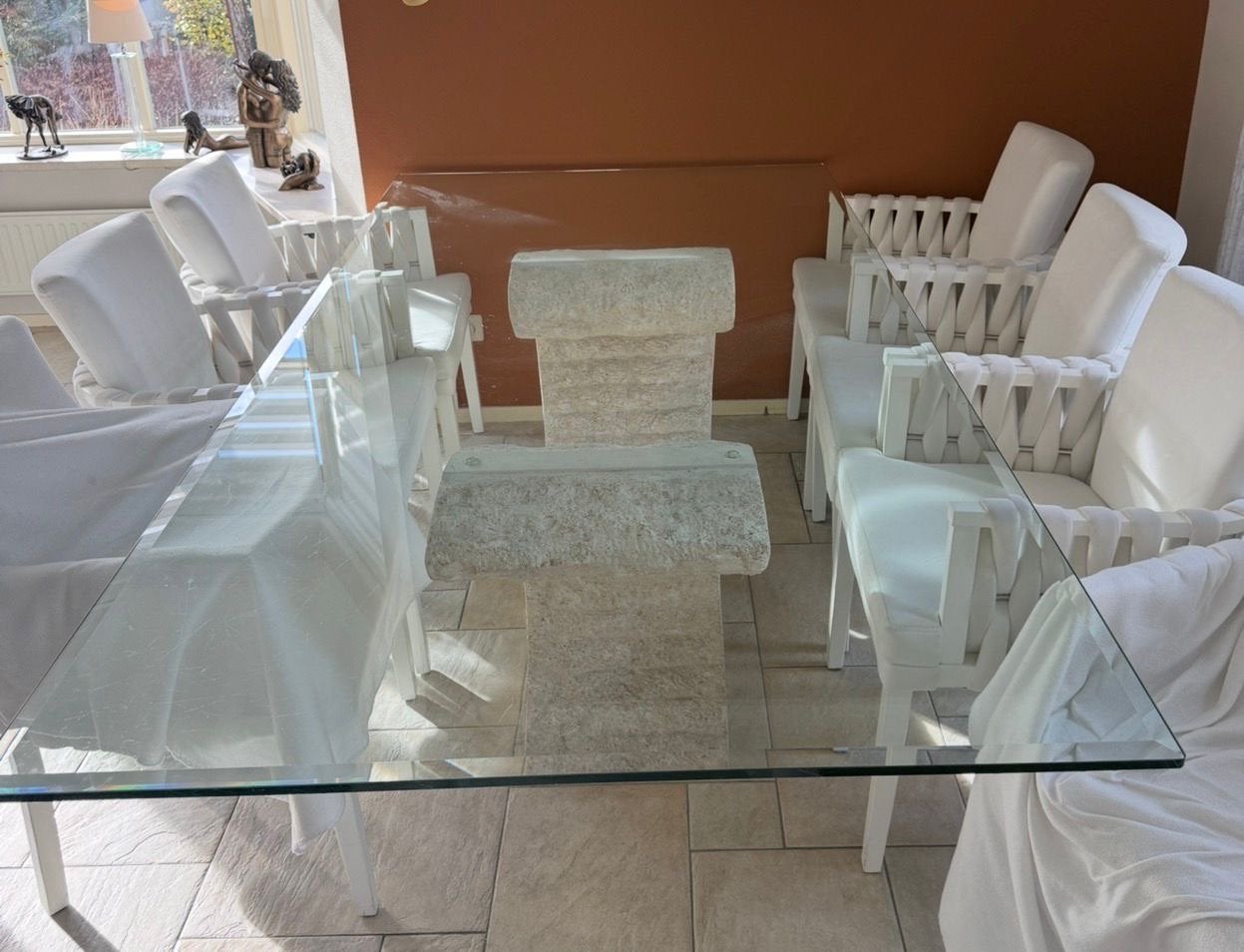 Griekse Stenen Poot Tafel met Glazen Blad (8 personen), Ophalen, Gebruikt, 100 tot 150 cm, Glas