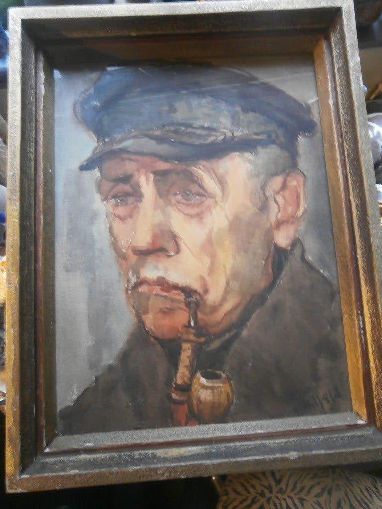 Mooi Oud schilderij Oude man met Pijp en doorleeft gezicht, Antiek en Kunst, Ophalen, Expressionistisch, Portret of Personen