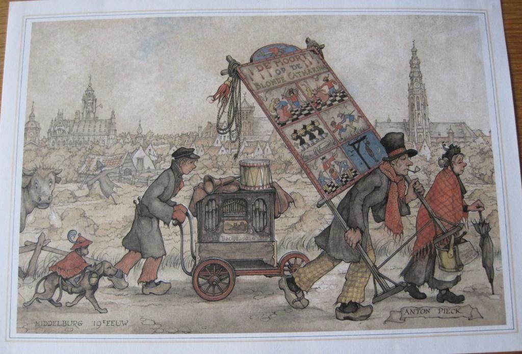 Anton Pieck prent van Middelburg in de 19e eeuw, 1980 tot heden, Ophalen of Verzenden, Zo goed als nieuw, Prent