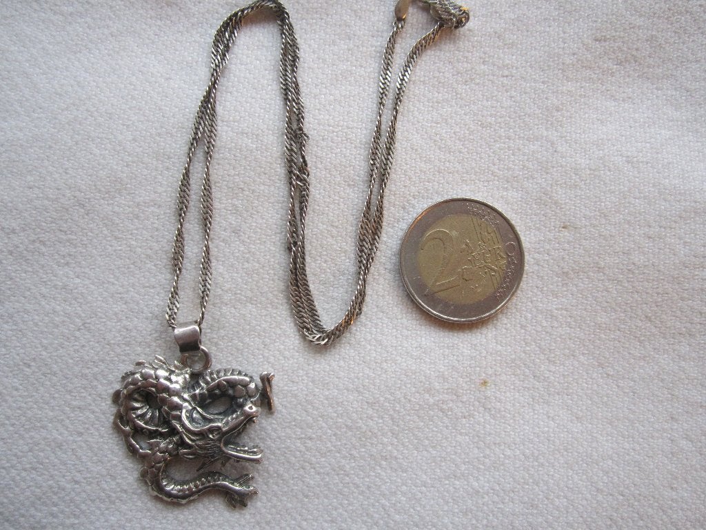26.Schitterende oude hanger+ketting, zilver 925, draak 50cm, Ophalen, Zilver, Hanger