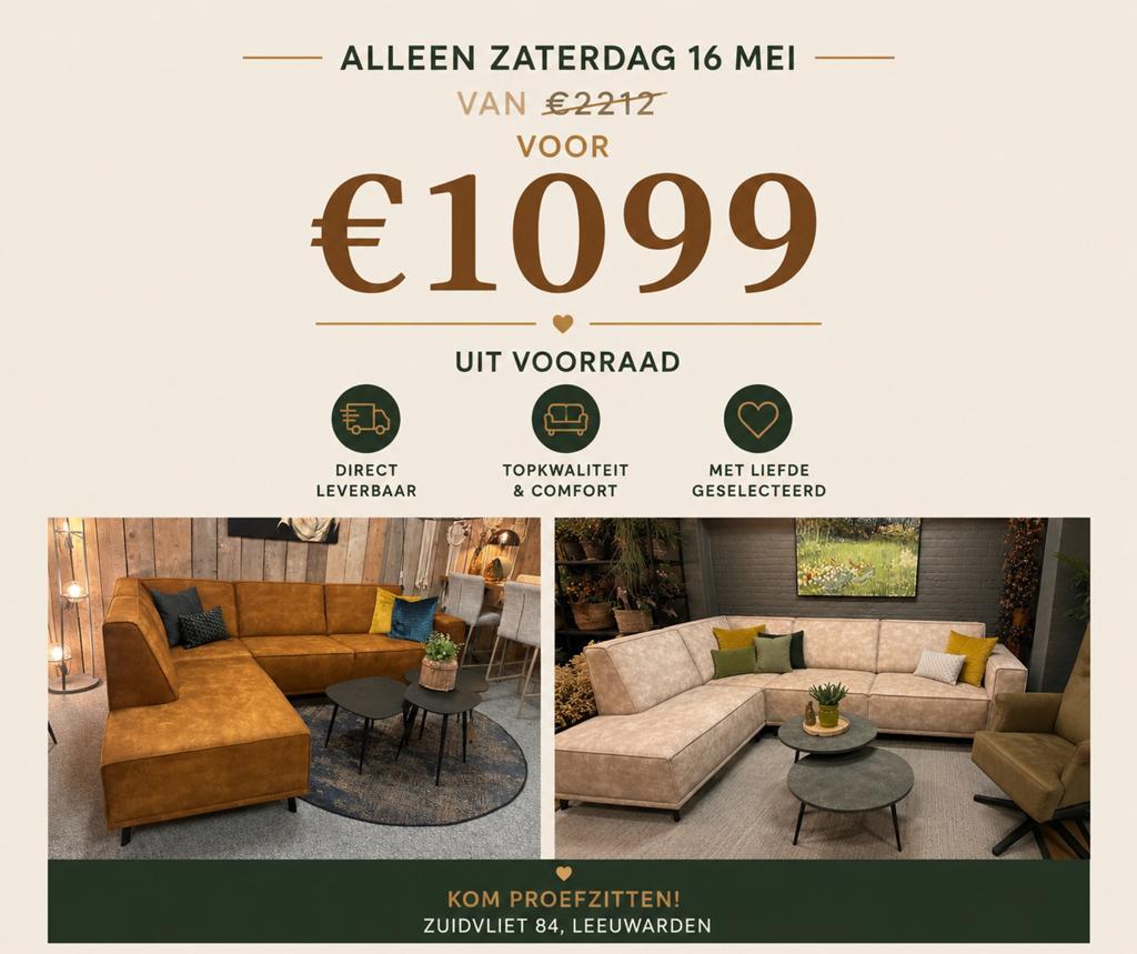 Hoekbank orlando tijdelijk van 2212 NU €1099, Huis en Inrichting, Ophalen, Zo goed als nieuw