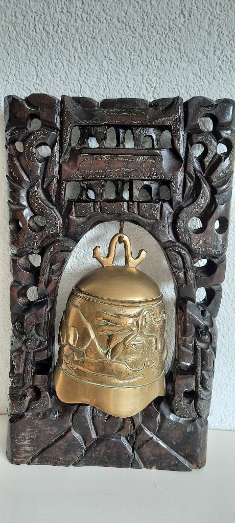 Antieke Chinese/Japanse Tempel Gong Bel met Houtsnijwerk, Ophalen of Verzenden