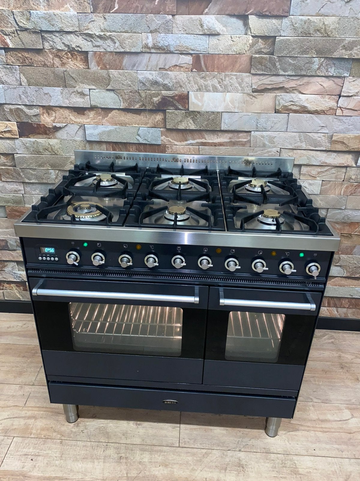 Luxe Boretti 6 pits antraciet met dubbele oven 90x60 cm, Fornello Esperta, Ophalen of Verzenden, Zo goed als nieuw, Energieklasse A of zuiniger