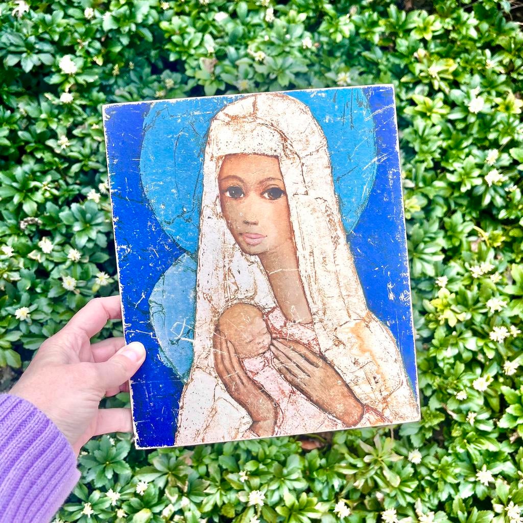 Kleine Madonna van Jef Wauters vintage prent op hout, Minder dan 50 cm, Gebruikt, Overige typen, Ophalen of Verzenden