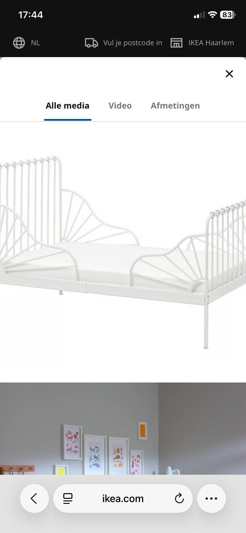 IKEA Minnen uitschuifbaar kinderbed wit, Ophalen, 70 tot 85 cm, Zo goed als nieuw, Lattenbodem