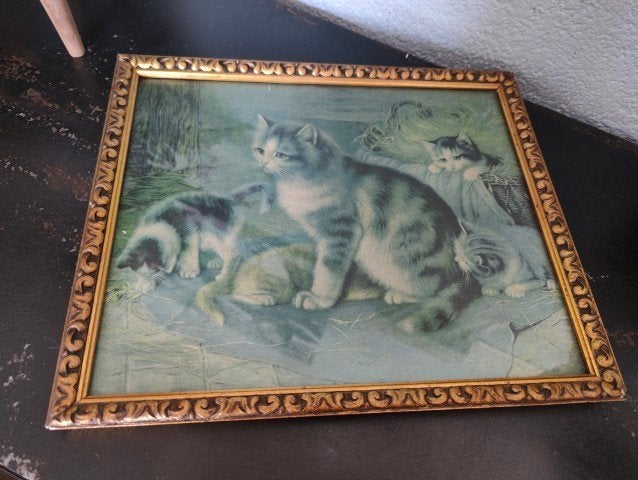 Vintage prent poes met kittens in houten lijst, Minder dan 50 cm, Gebruikt, Ophalen of Verzenden, Print