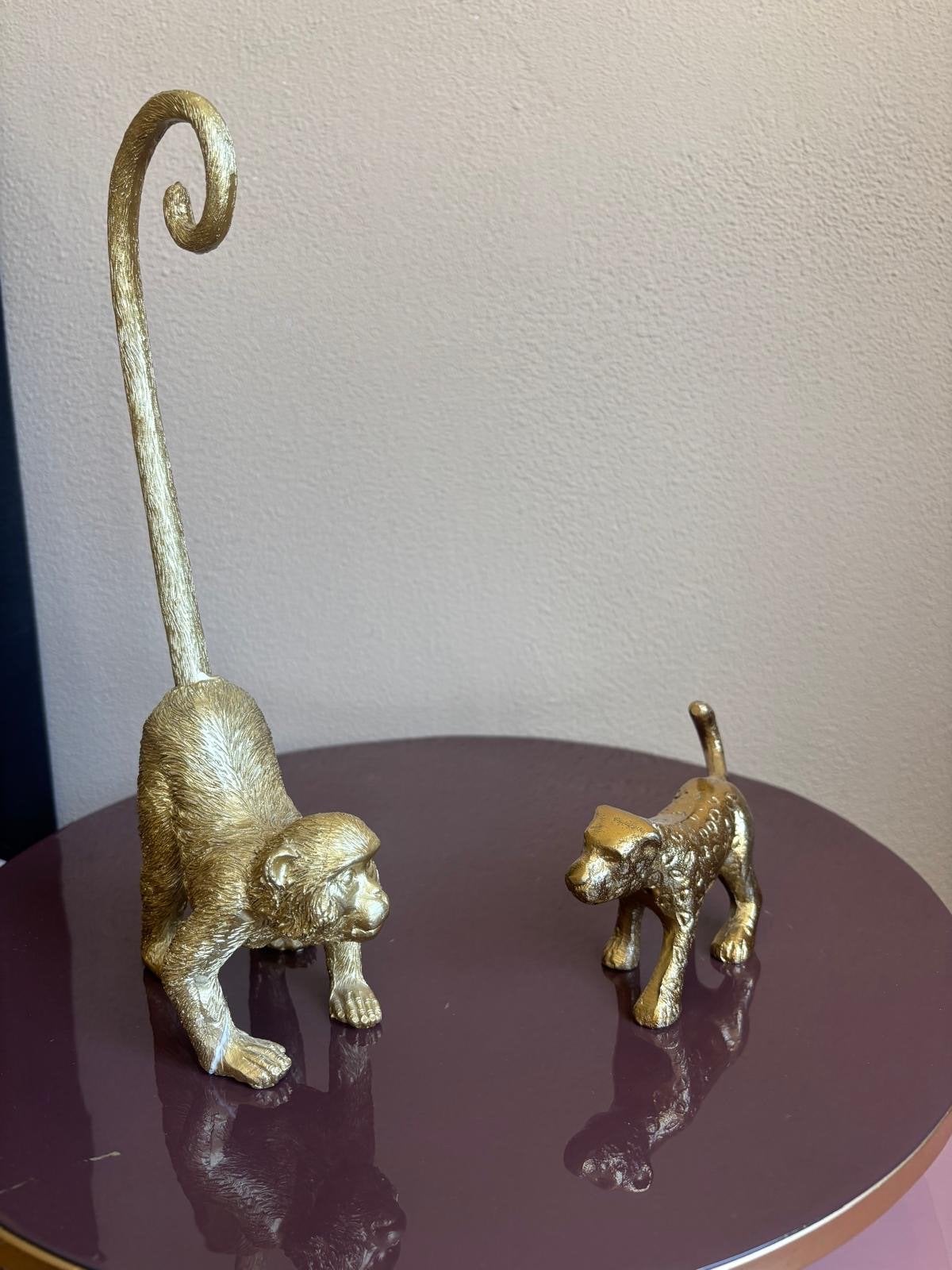 Gouden decoratieve beelden: aap en luipaard, Ophalen, Zo goed als nieuw, Goud, Metaal