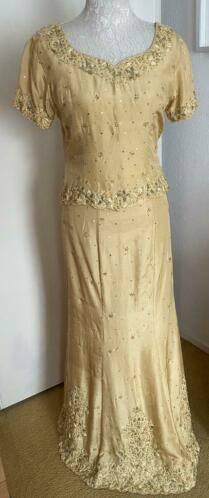 Lange rok met top en omslagdoek maat M van zijde [v]s, Kleding | Dames, Gelegenheidskleding, Maat 38/40 (M), Overige typen, Geel