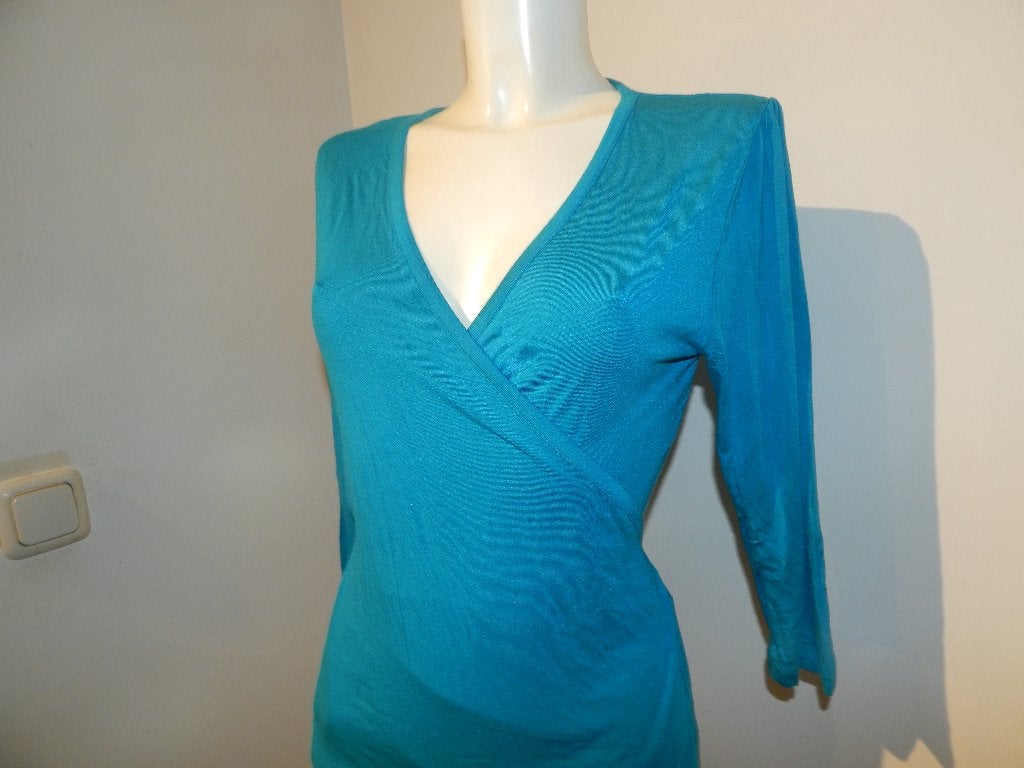 King Louie azuur turquoise wikkel vestje strik sluiting L, Maat 42/44 (L), Zo goed als nieuw, King Louie, Verzenden