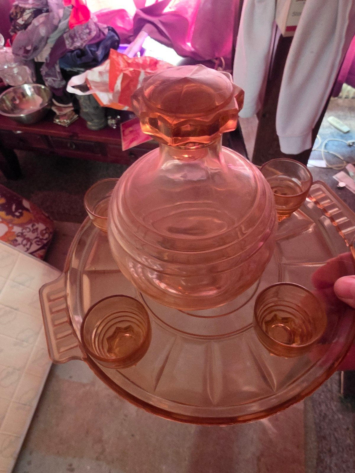 Vintage Roze Glazen Karaf Set met Dienblad en Glaasjes, Ophalen