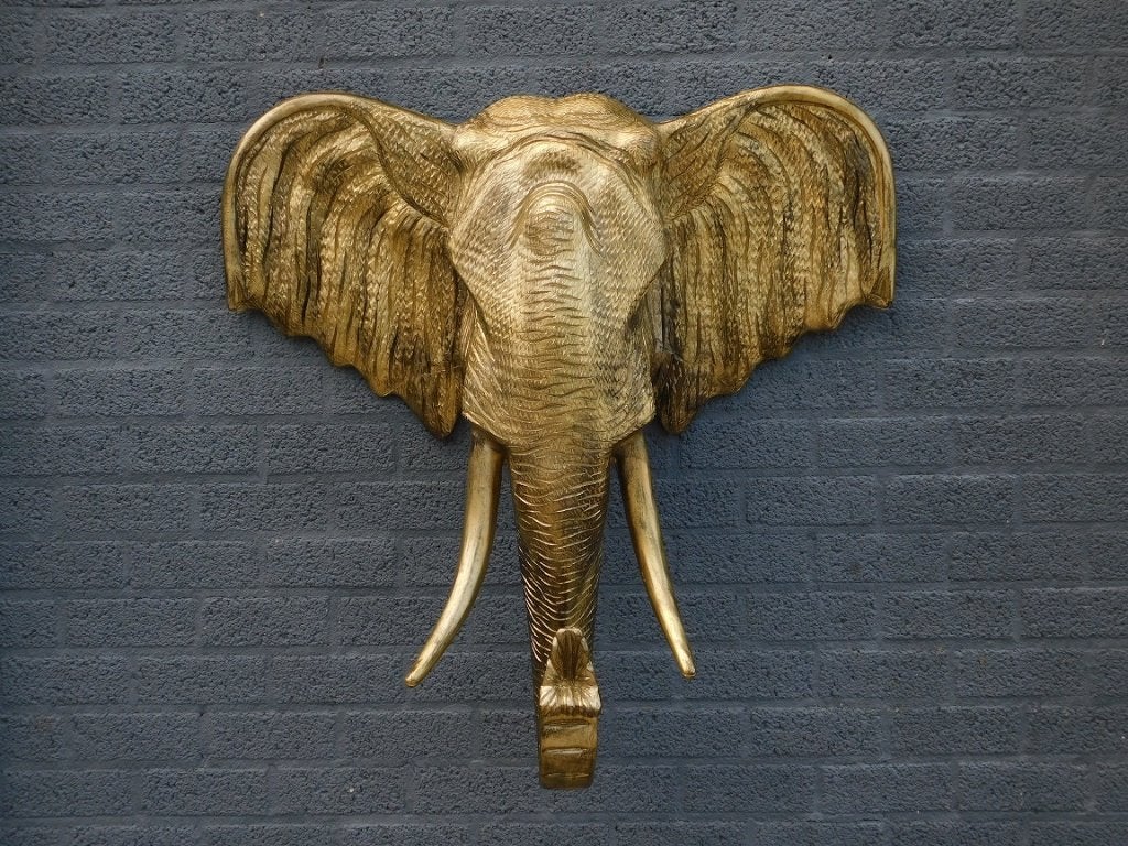 Wandornament Olifantenkop XXL - 105 cm - Goud/Zwart, Wandsculptuur, Oosters, ., 105 cm