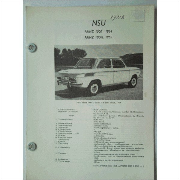 NSU Prinz 1000 1000L Vraagbaak losbladig 1965 #1 Nederlands, Ophalen of Verzenden, Gelezen, Overige merken