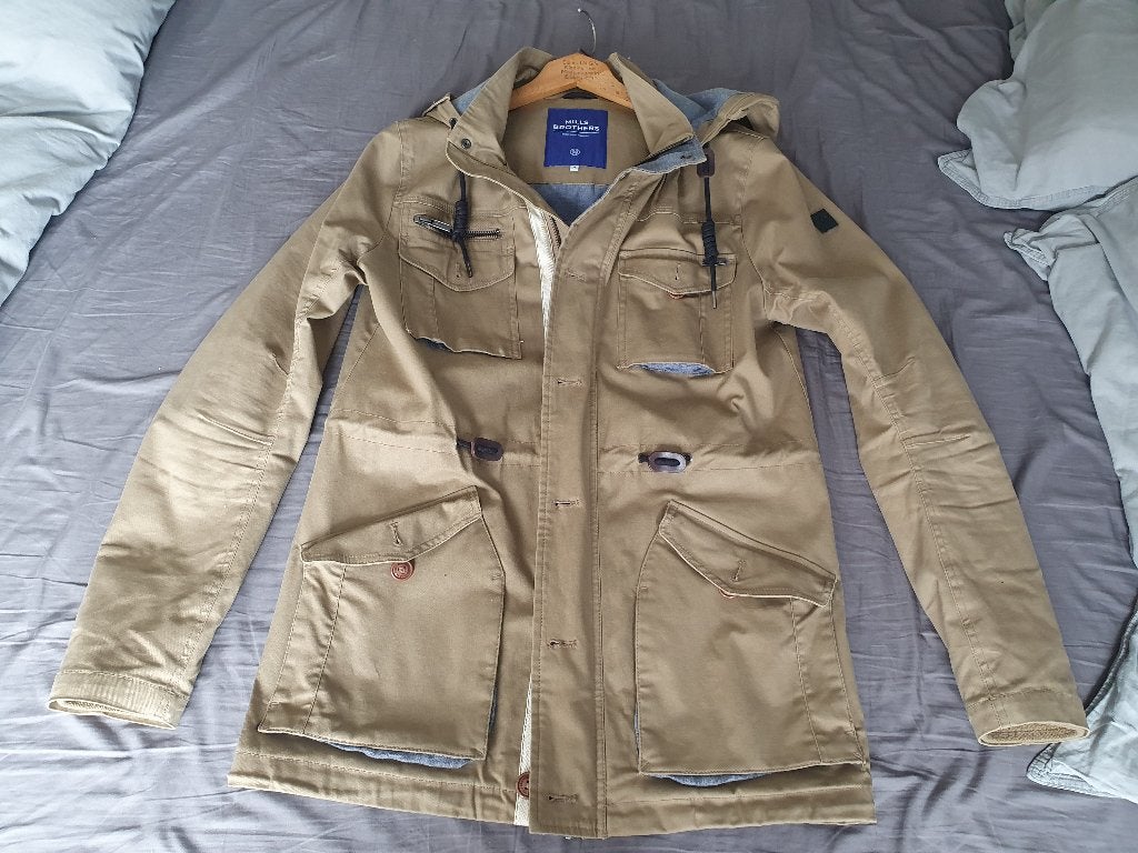 Mills Brothers parka / voorjaarsjas khaki / beige mt M ZGAN, Maat 48/50 (M), Beige, Ophalen of Verzenden, Zo goed als nieuw