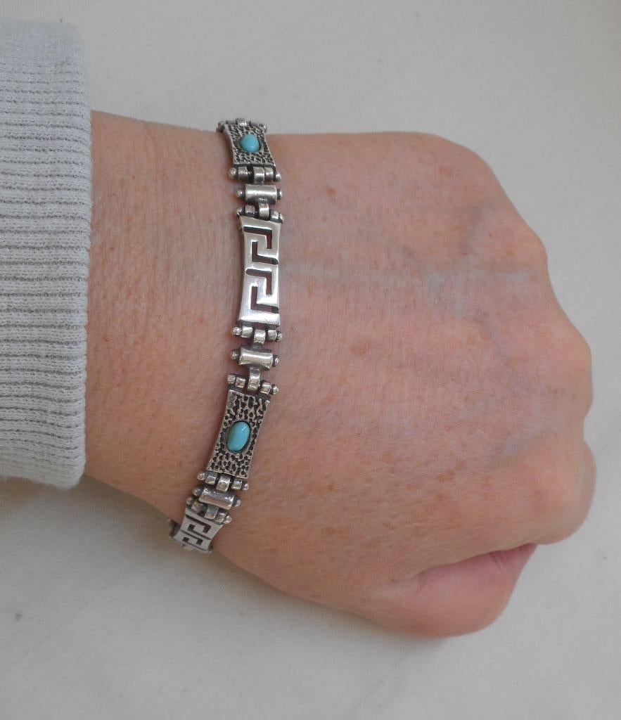 Zilveren vintage armband met turquoise en meander nr.156, Sieraden, Tassen en Uiterlijk, Armbanden, Verzenden, Zo goed als nieuw