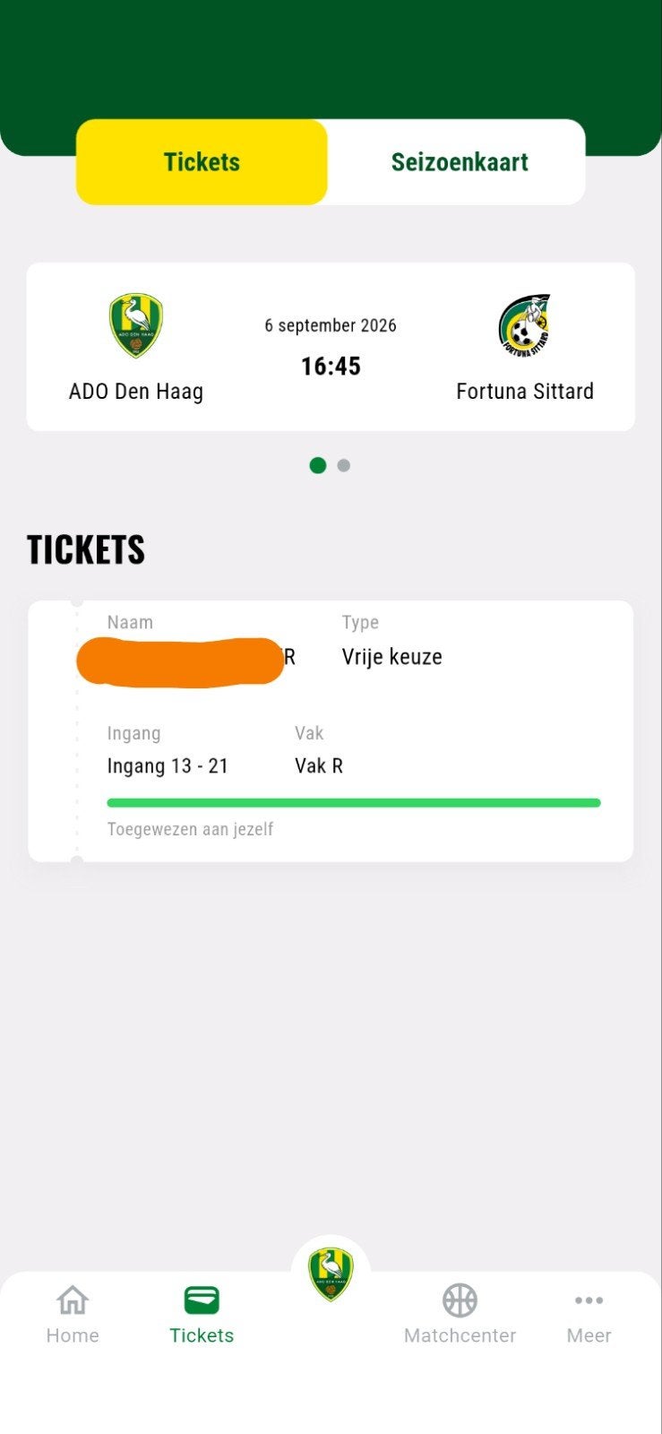 ADO Den Haag - Fortuna Vak R, volwassen ticket, Losse kaart, Eén persoon
