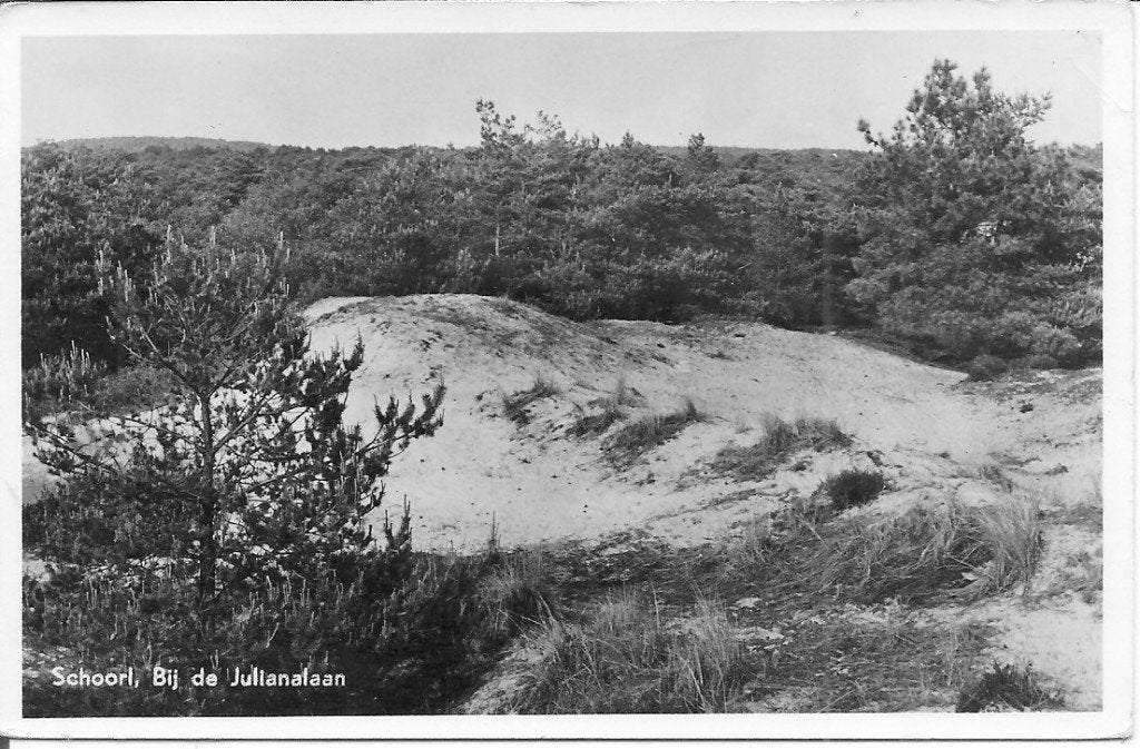 Oude ansichtkaart Schoorl, Bij de Julianalaan (1955), Ophalen of Verzenden, 1940 tot 1960, Gelopen, Noord-Holland