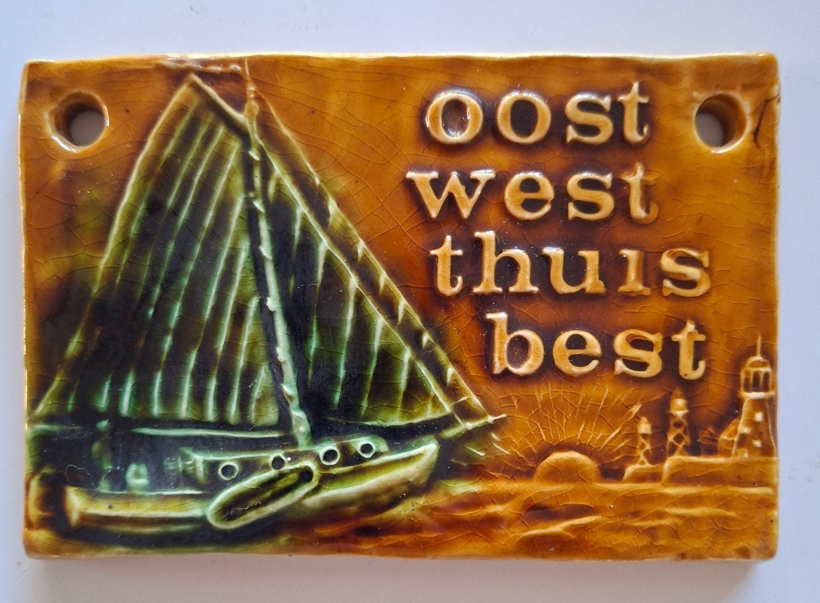 Vintage Keramisch Wandtegeltje, bruin/groen glazuur., Ophalen of Verzenden