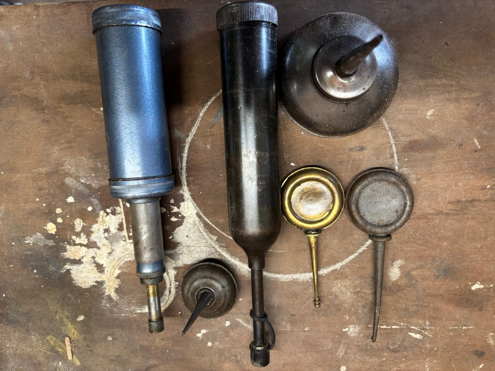 Set van 6 antieke oliebusjes / vetspuiten, Ophalen of Verzenden