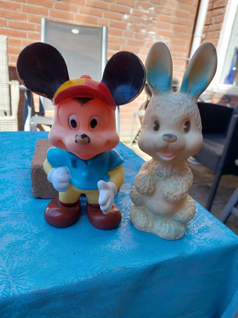 Vintage Mickey Mouse en Konijn Rubberen Speelgoed, Ophalen of Verzenden