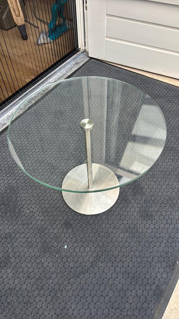 Bijzettafel glas roestvrijstaal, Huis en Inrichting, Tafels | Bijzettafels, Minder dan 55 cm, Rond, Ophalen, 45 tot 60 cm