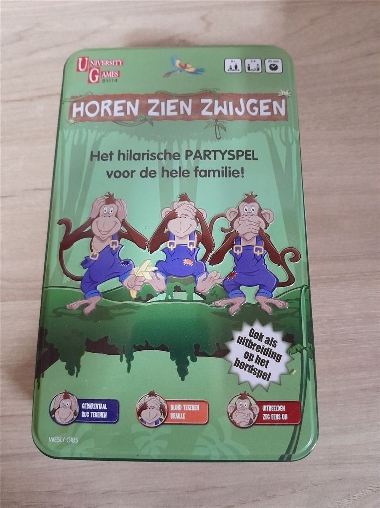 horen zien zwijgen in blik - s4773, Hobby en Vrije tijd, Gezelschapsspellen | Bordspellen, Verzenden, Zo goed als nieuw