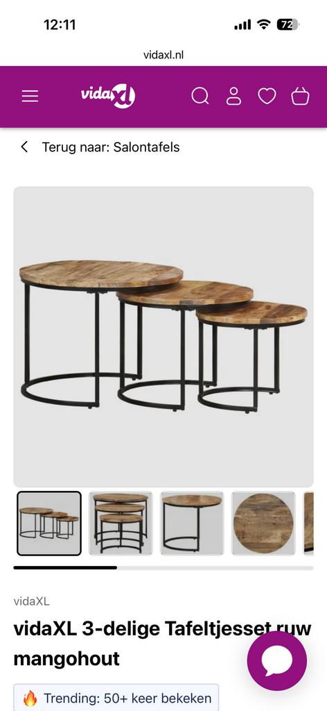 Salontafelset 3 stuks mangohout, industrieel vida XL, Ophalen of Verzenden, Gebruikt