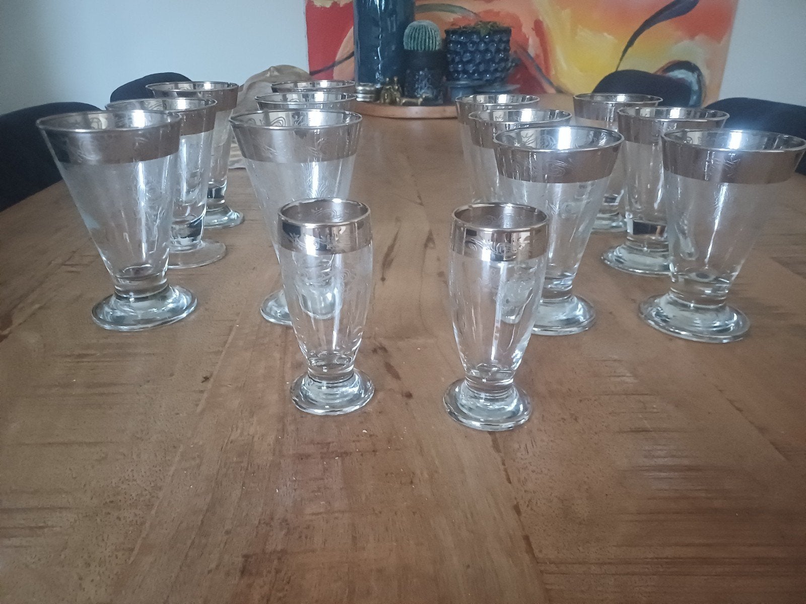 Set van 14 vintage glazen met zilveren rand, Ophalen of Verzenden