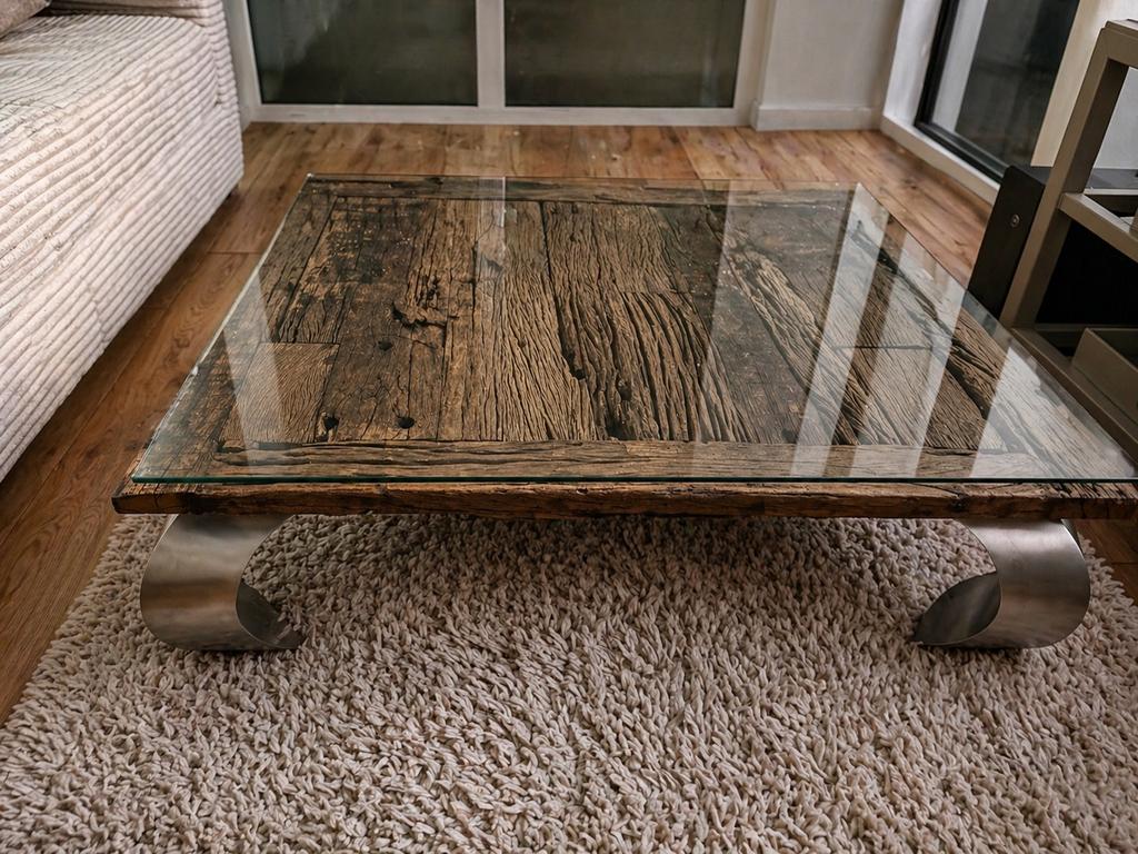 Stijlvolle salontafel met wagon hout en glasplaat, Ophalen, Gebruikt, 100 tot 150 cm, Vierkant