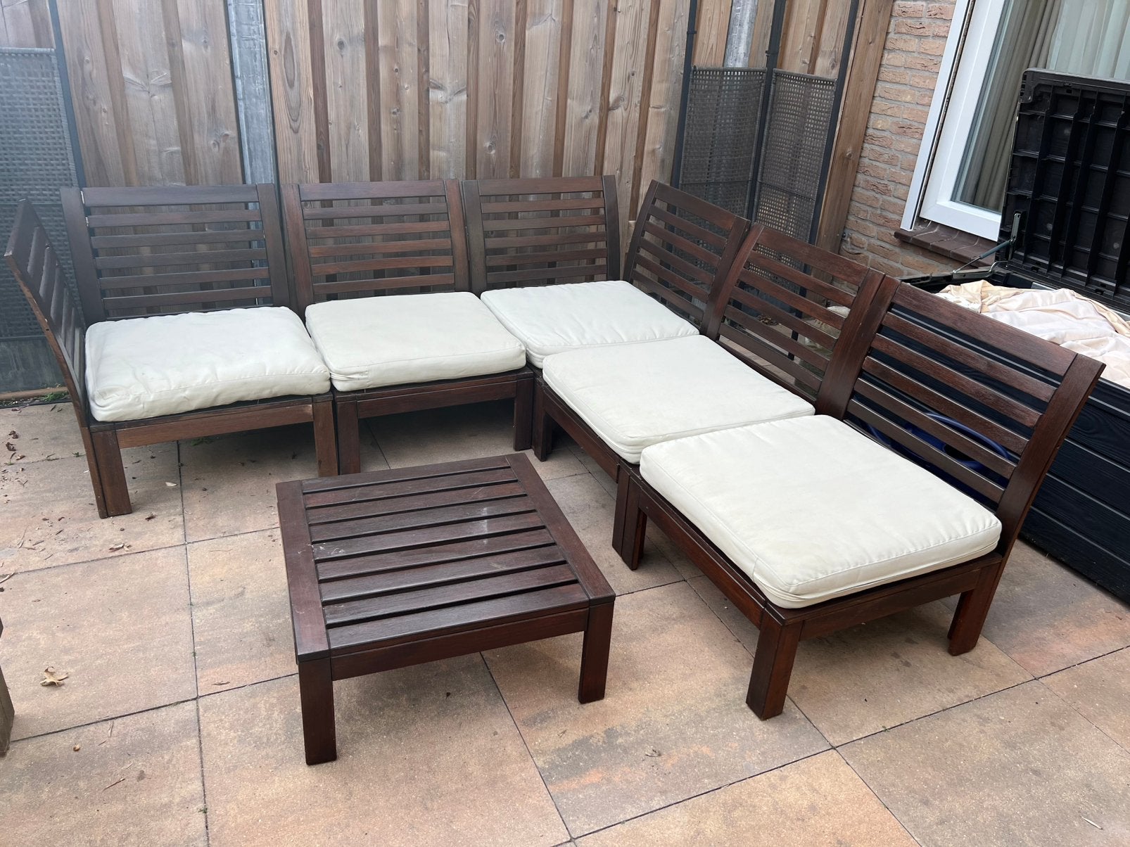 Houten loungeset+klaptafel+koffietafel(IKEA ÄPPLARÖ)+kussens, Ophalen, Gebruikt, Hout