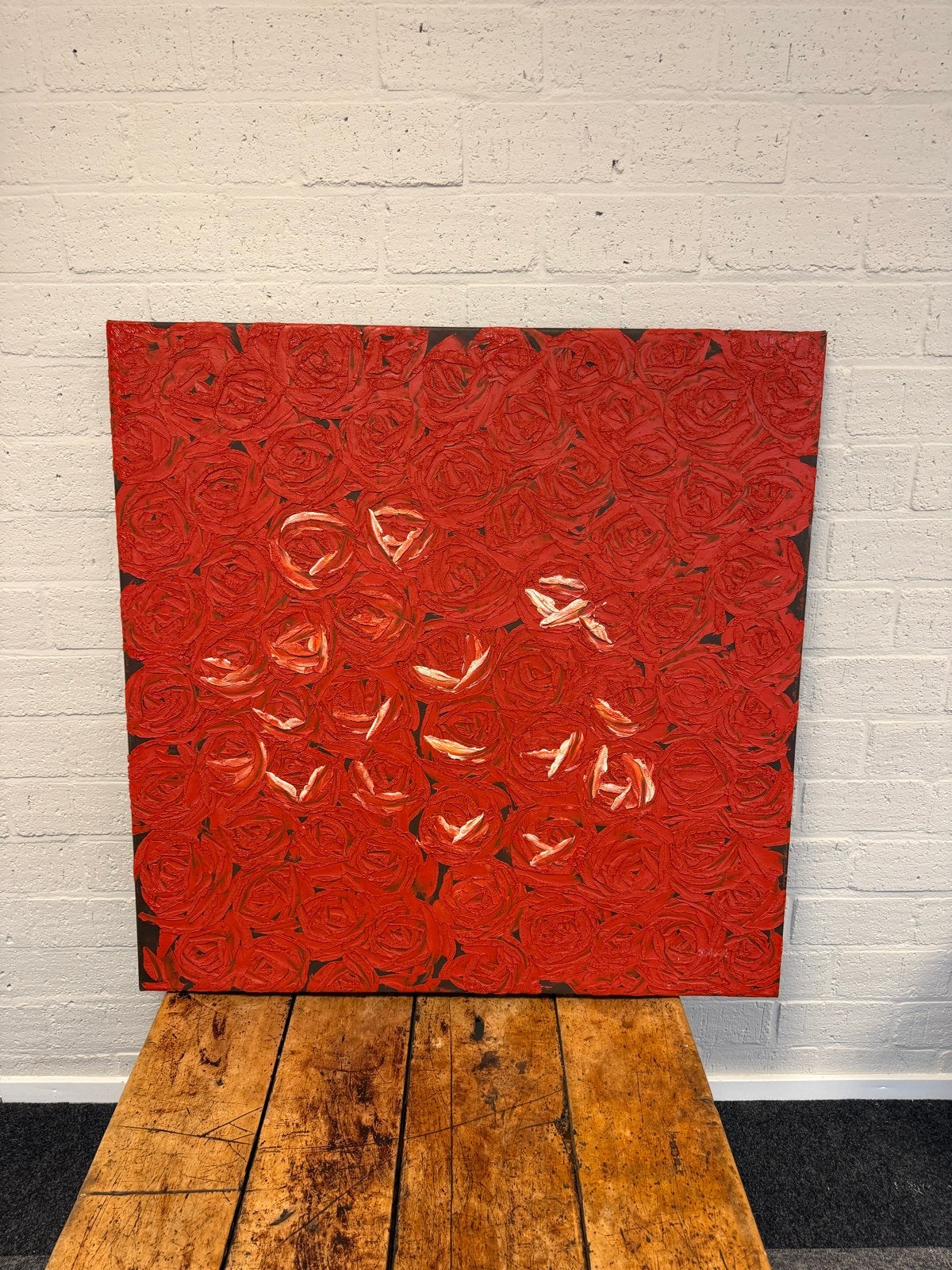 Schilderij met felrode rozen - 100x100 cm, Ophalen, Met textuur, Olieverf, Bloemen