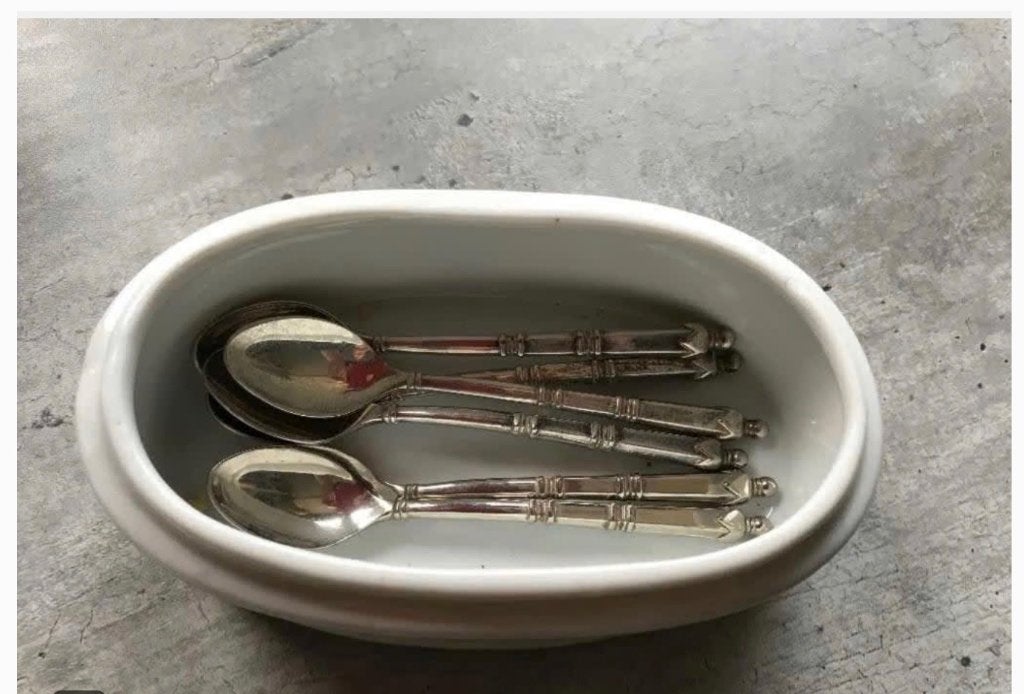 Porselein brocante lepeldoosje met 6 verzilverde theelepel, Antiek en Kunst, Ophalen of Verzenden
