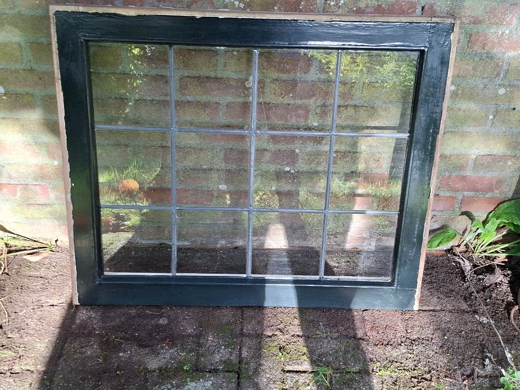 4 authentieke glas-in-lood ramen 90 x 74 cm, Ophalen, Gevelraam of Ruit, Gebruikt, 80 tot 120 cm