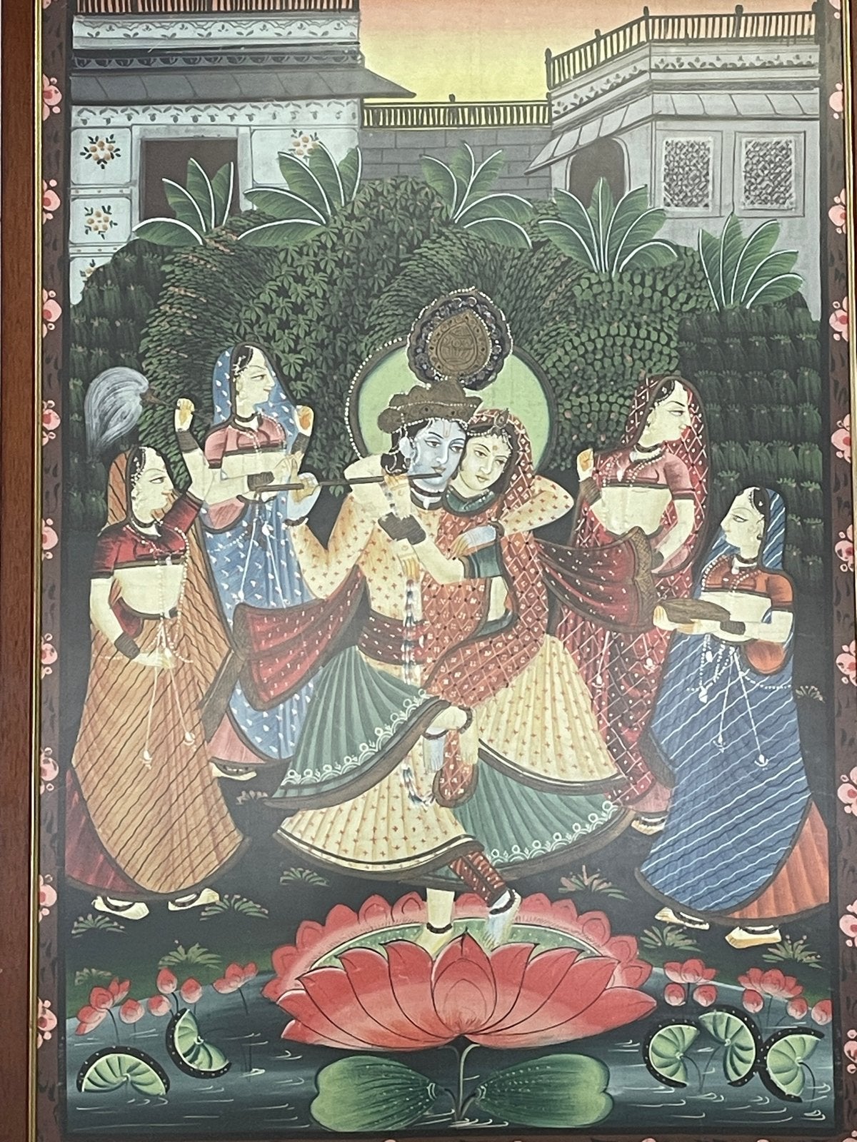 Ingelijst Indiaas schilderij - Krishna en Radha 79x51 cm., Ophalen, Schilderij, India, Papier/karton