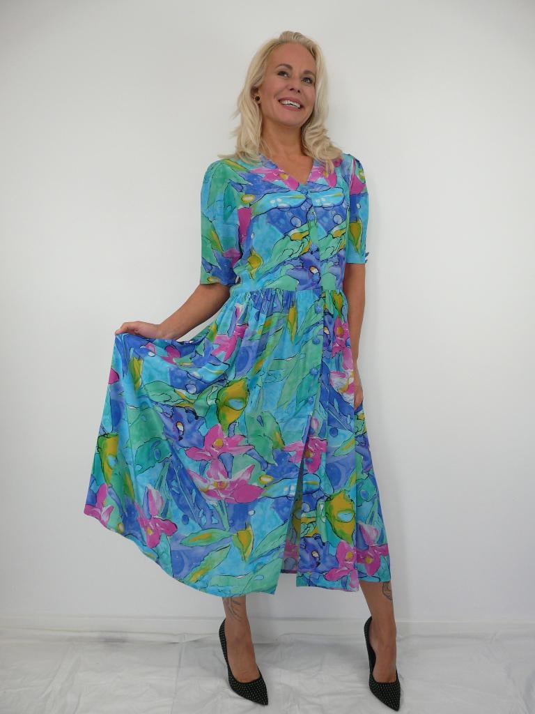 *Abfab Vintage Kleurrijke Doorknoop Jurk 42*, Bella Donna, Blauw, Maat 42/44 (L), Ophalen of Verzenden