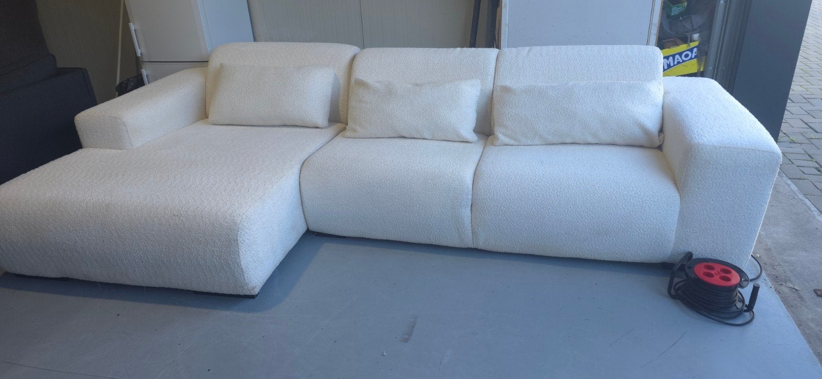 Mooie grote hoekbank Eierkamp Boucle/Teddy stof wit/crème, Ophalen, Gebruikt, Hoekbank, 300 cm of meer