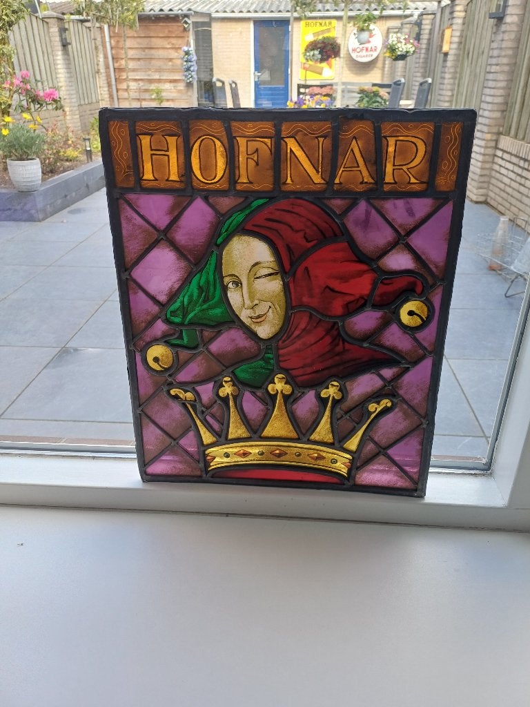 Oude glas in lood Hofnar reclame gebrandschilderd, Verzamelen, Ophalen, Gebruikt, Reclamebord