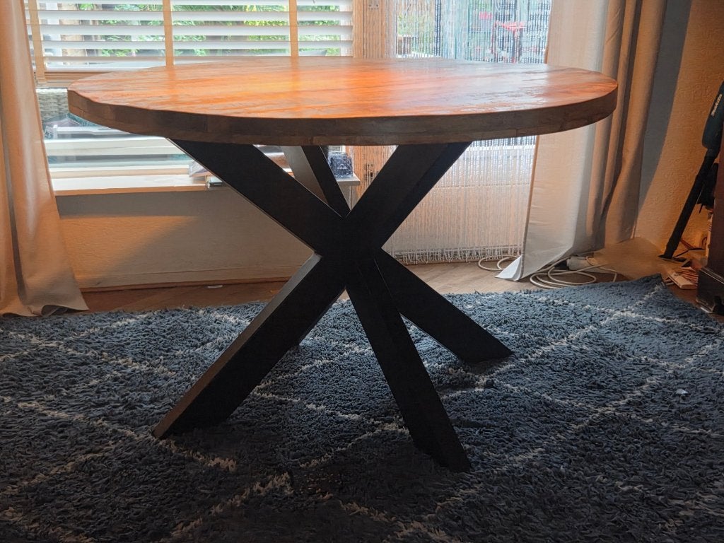Ronde mangohouten eettafel Ø120 cm (spinpoot), Ophalen, Gebruikt, Modern, industrieel, Rond