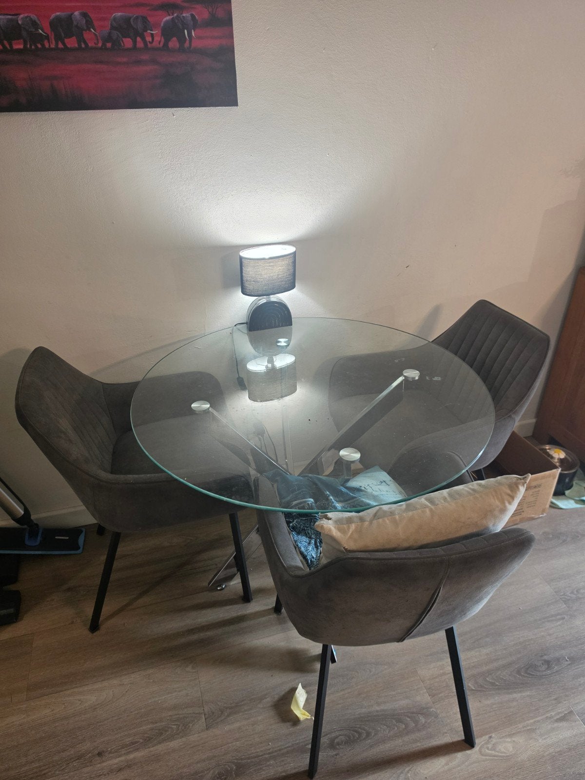 Ronde glazen eettafel met chromen poten (incl. stoelen), Ophalen, Gebruikt, Rond, Glas