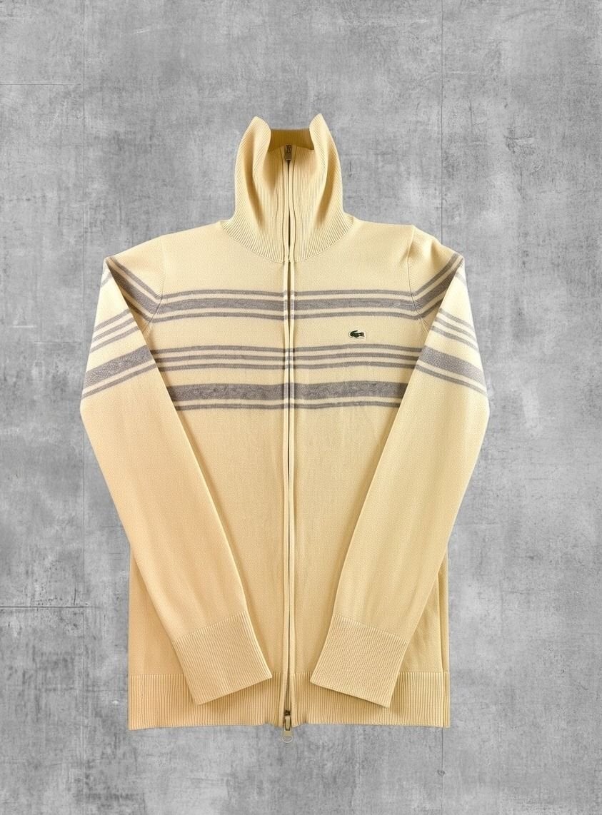 Beige-grijs gestreept Lacoste gebreid vest (cardigan /, Kleding | Dames, Verzenden, Lacoste S.A., Beige, Maat 42/44 (L)