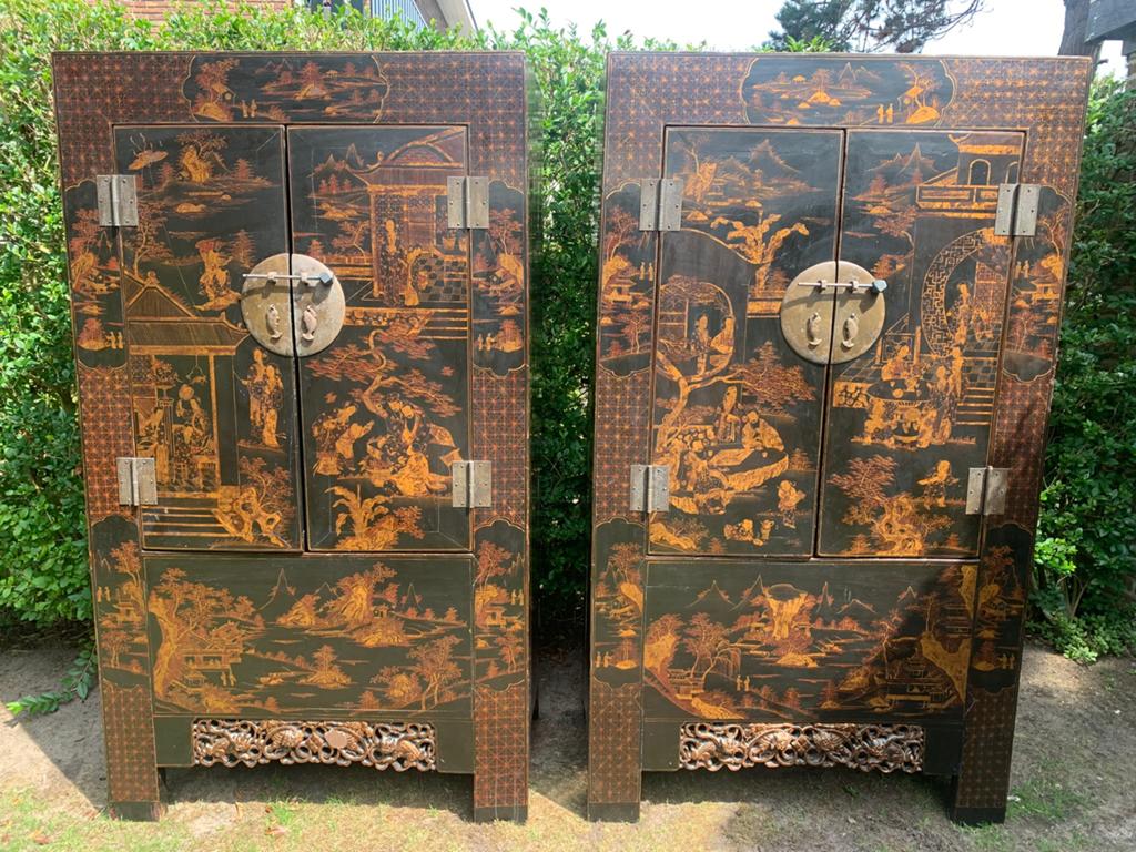 Set van 2 Antieke Chinese Kasten - Zwart met Goud Decor, Antiek en Kunst, Kunst | Niet-Westerse kunst, Ophalen