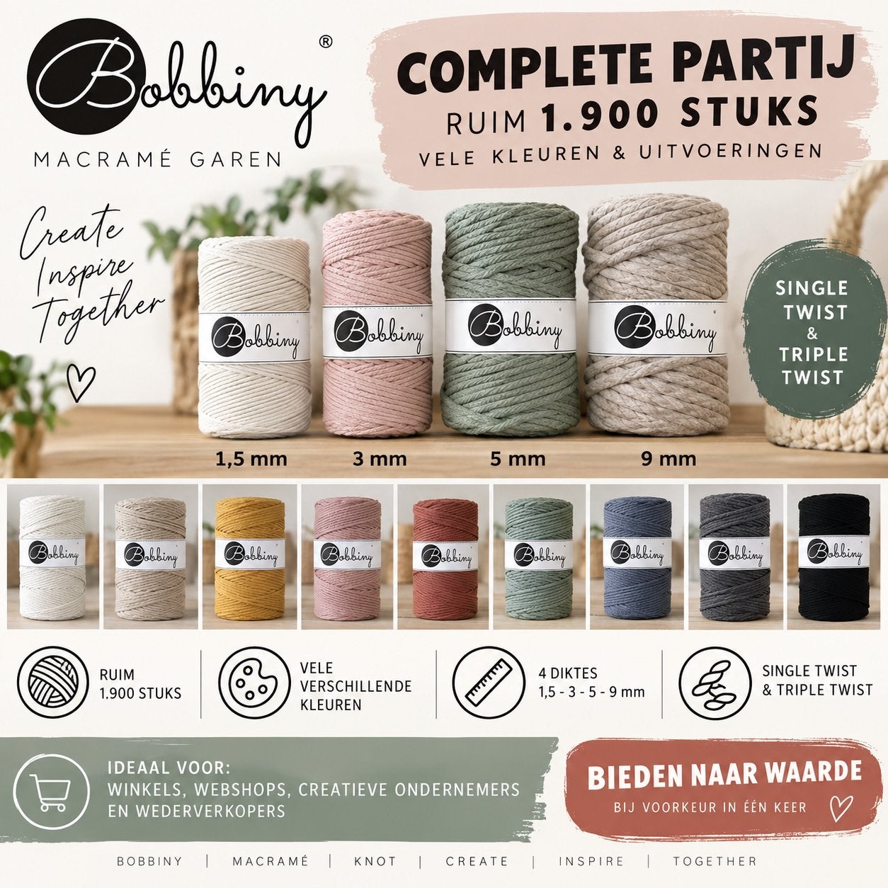 Grote Partij Bobbiny macramé- Diverse Kleuren diktes, Ophalen, Nieuw, Breien of Haken, Wol of Garen
