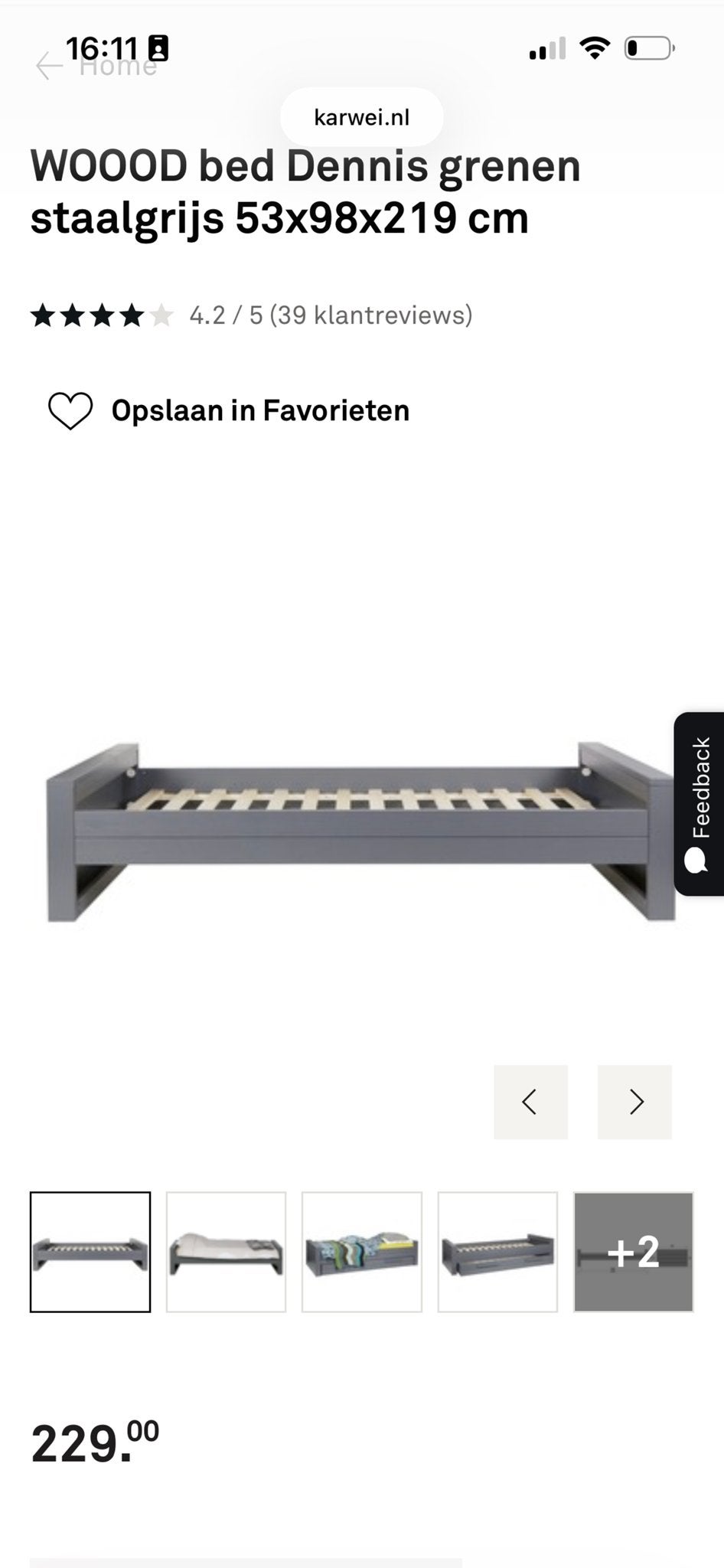 WOOOD Dennis bed betongrijs incl matras 90x200 cm, Ophalen, 100 cm, Eenpersoons, Nieuw