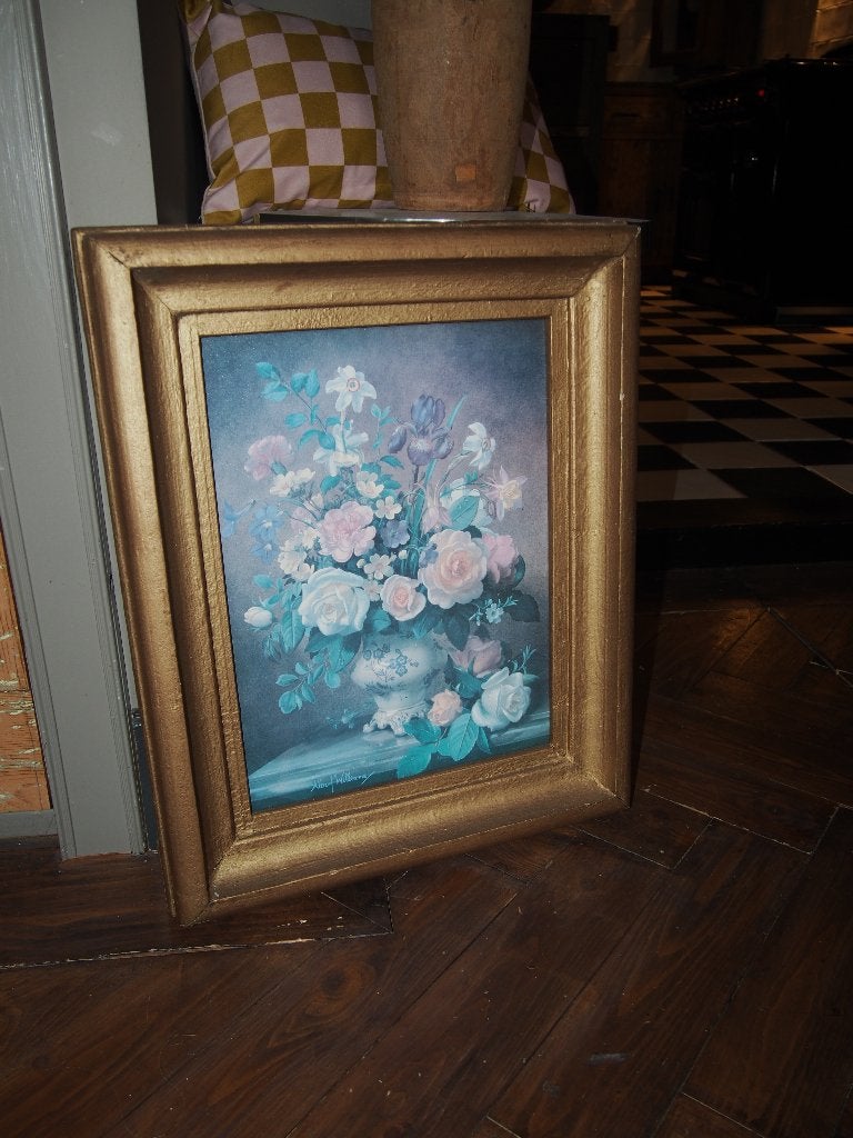 Oude houten lijst met bloemenposter, 54x44 cm, Ophalen of Verzenden