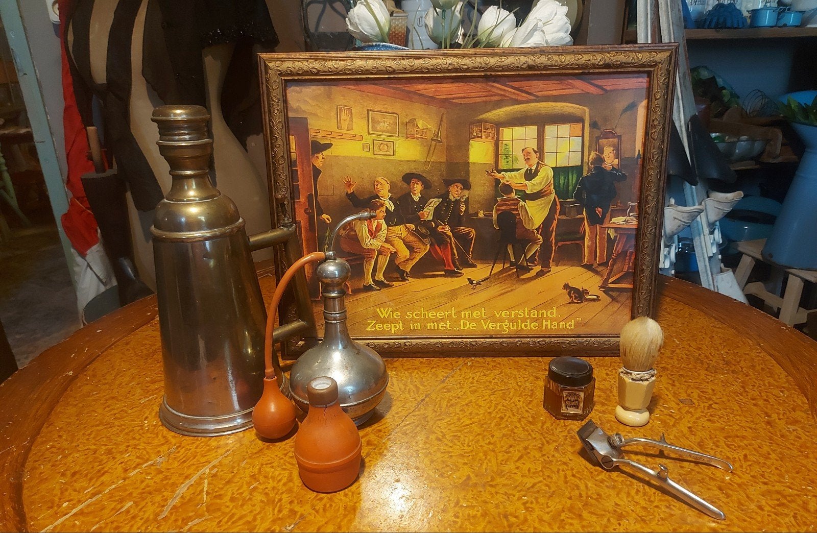 7 x oud scheergerei met reclame v vergulde hand, Ophalen of Verzenden