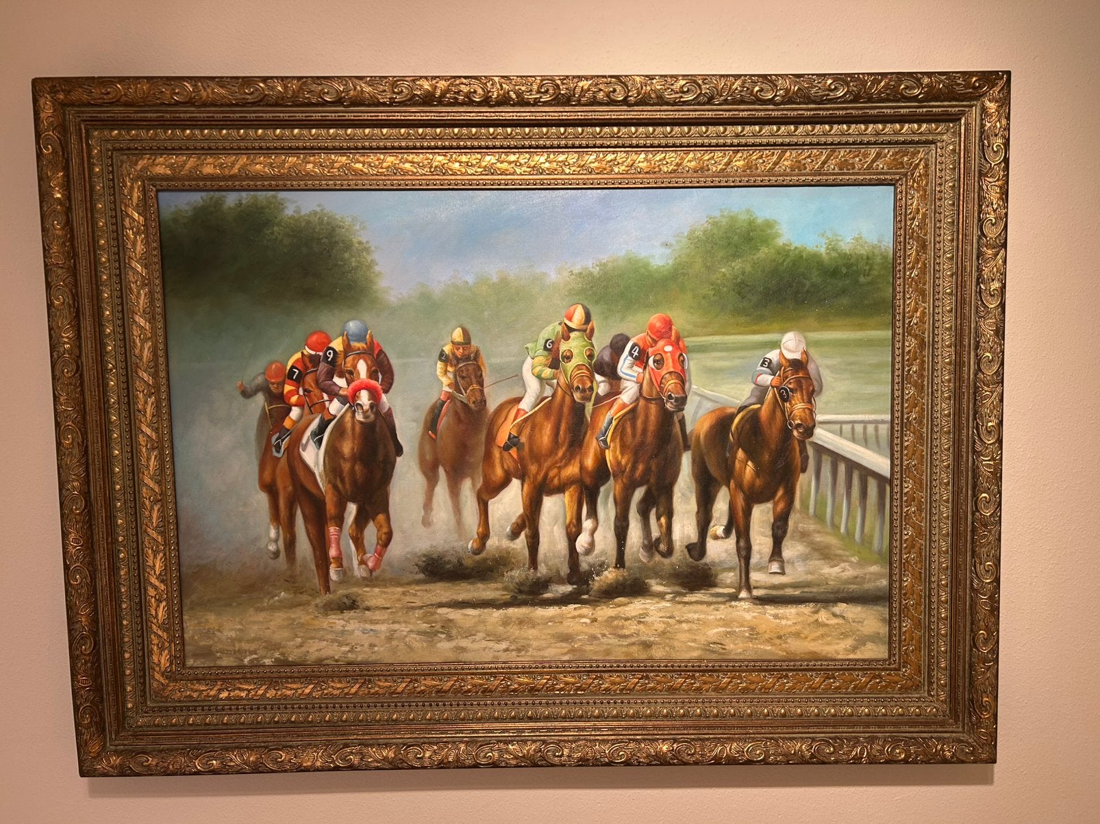 Paardenrace in volle vaart – groot schilderij in mooie lijst, Ophalen