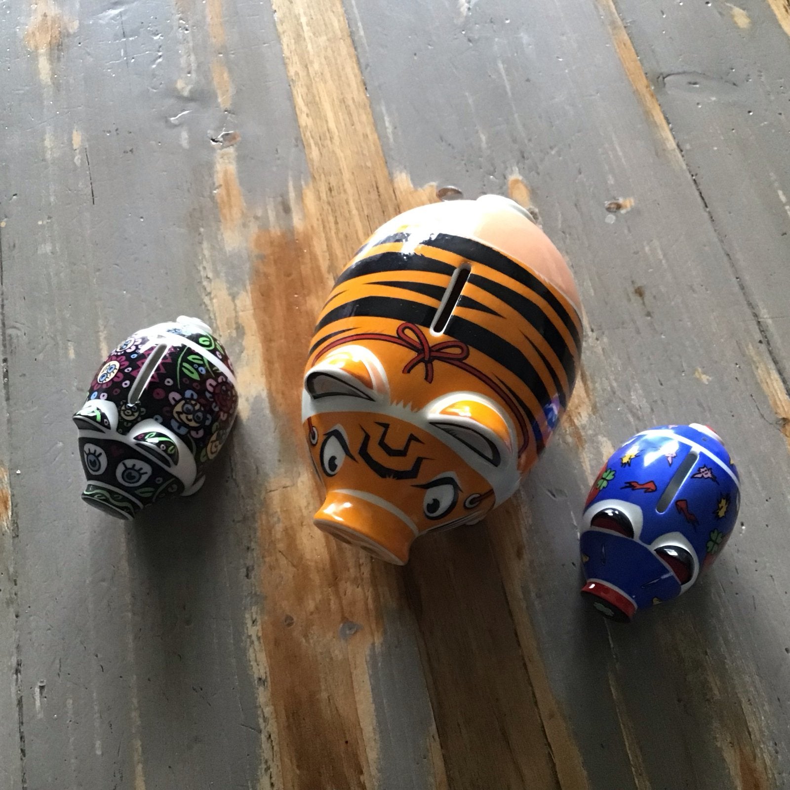 Ritzenhoff Spaarvarkens - Set van 3 (Tijger, Bloemen, Blikse, Verzamelen, Spaarpotten, Ophalen, Gebruikt, Steen, Aardewerk of Keramiek