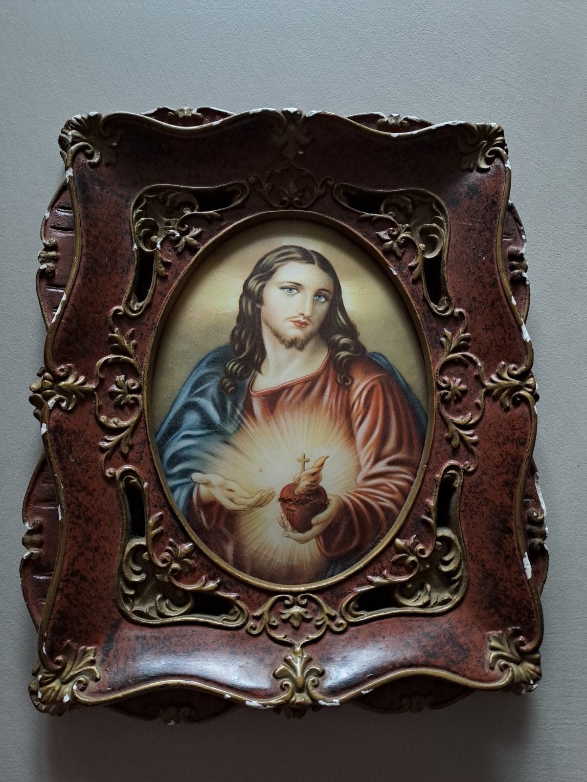 Vintage religieus schilderij Jezus met Heilig Hart, Antiek en Kunst, Antiek | Religie, Ophalen of Verzenden