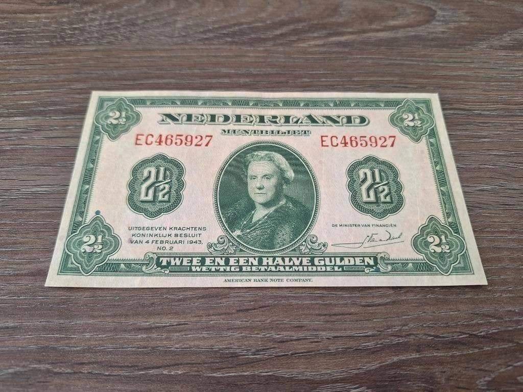Heel mooi biljet 2,5 gulden 1943, Wilhelmina, Ophalen of Verzenden, 1 gulden