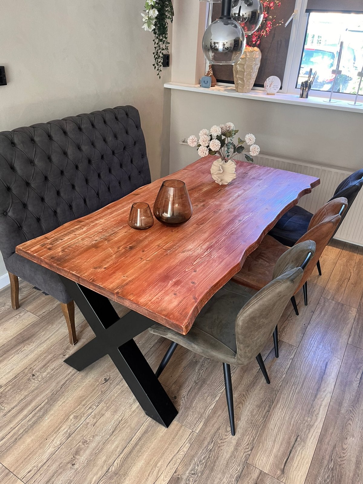 Boomstam eettafel 180x90 cm met matzwarte X-poten, Ophalen, 50 tot 100 cm, Zo goed als nieuw, 150 tot 200 cm